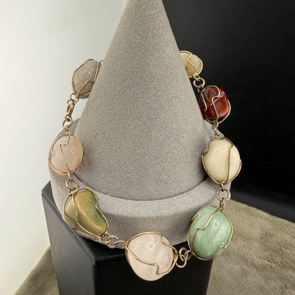 Vintage Wire Wrapped Polished Stone Bracelet Caged Silver Tone 8.5"